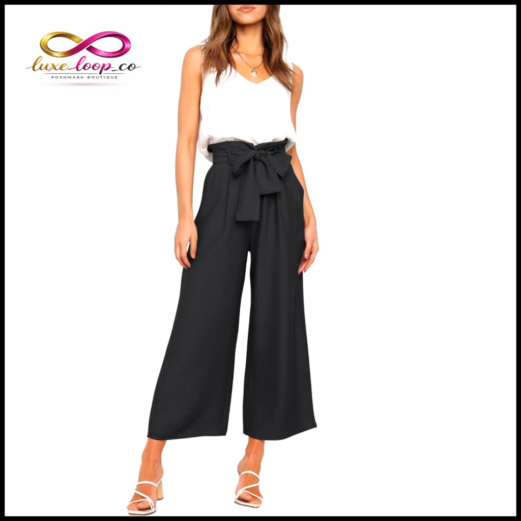 2 Piece Set V Neck Tank Top High Waisted Cropped Paper Bag Pants